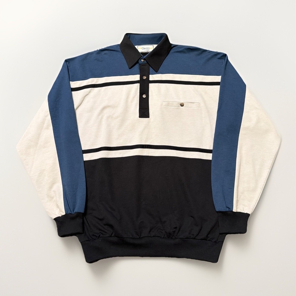 Vintage 80s Classics by Palmland Long Sleeve Polo White Black Striped‎ Knit M